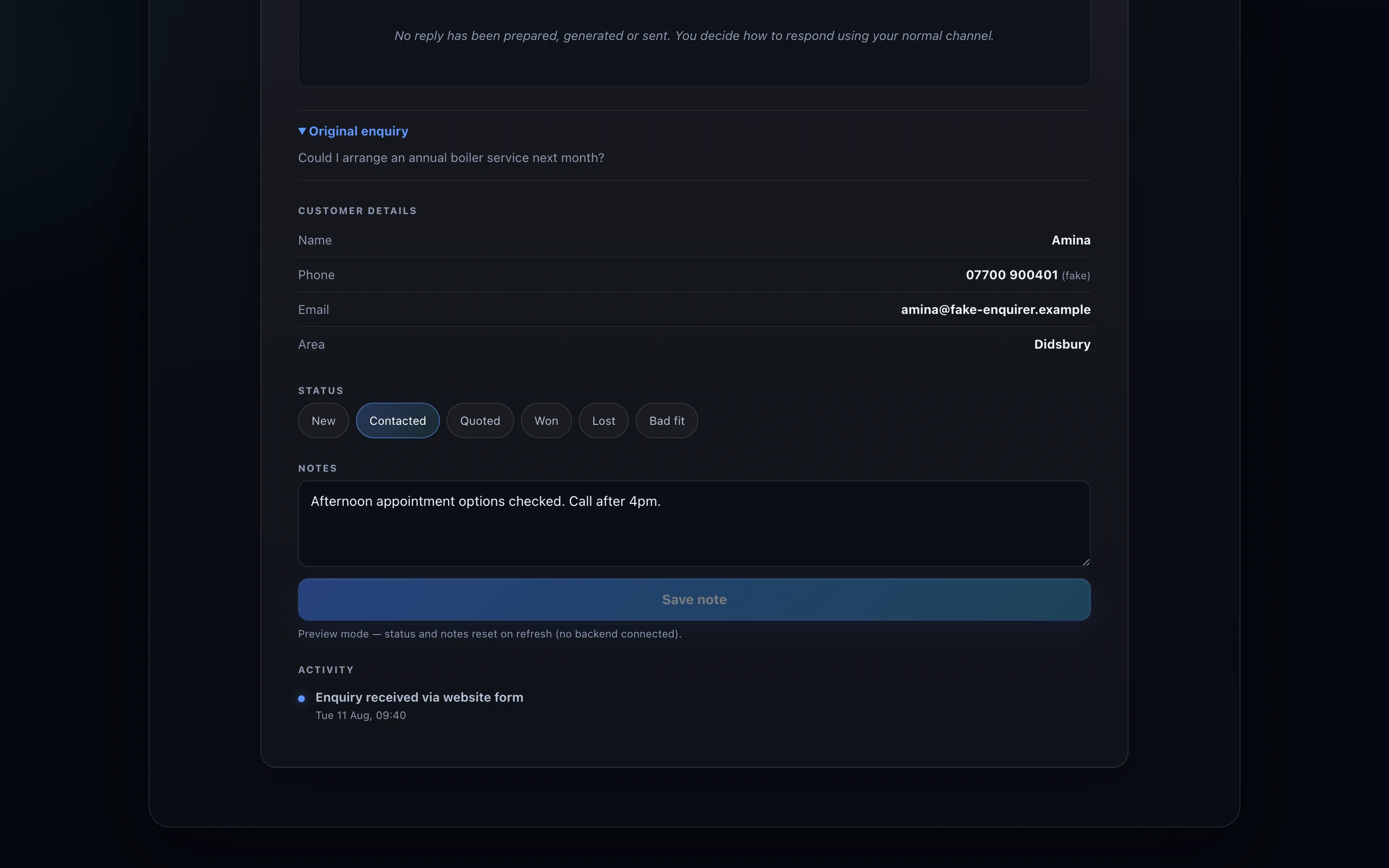 Real LeadFlow screen showing the same invented enquiry moved to Contacted with its activity recorded.